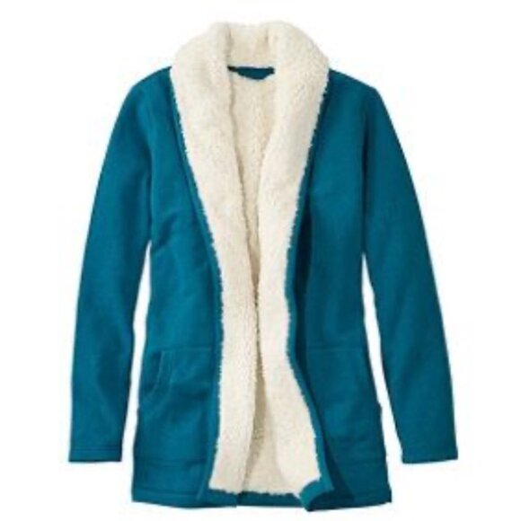 L.L.Bean Small Petite Teal Sherpa Lined Open Cardigan Style 515087 - Picture 14 of 15